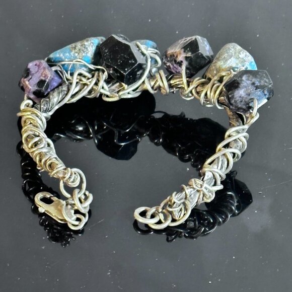 Genuine Turquoise 925 Sterling Silver Charoite Wire Wrap Cuff Bracelet Brutalist - Picture 4 of 11
